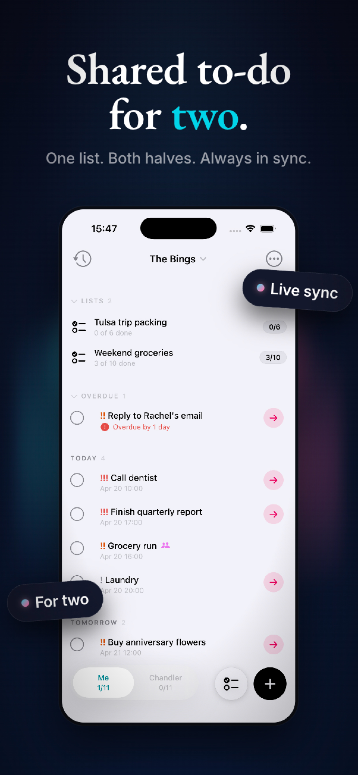 Shared to-do for two — one list, both halves, always in sync