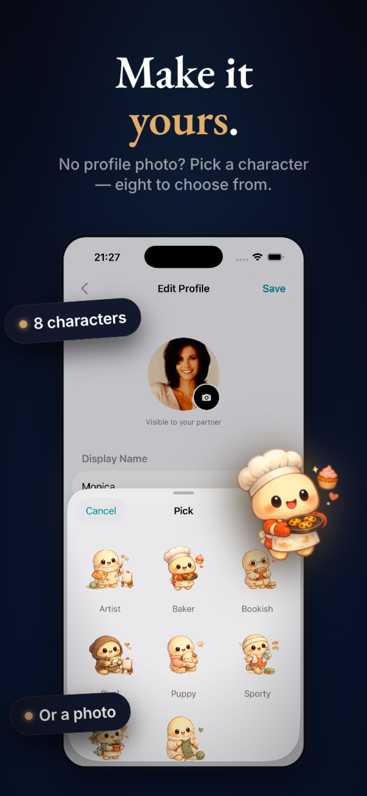 Make it yours — pick a character or photo for your profile
